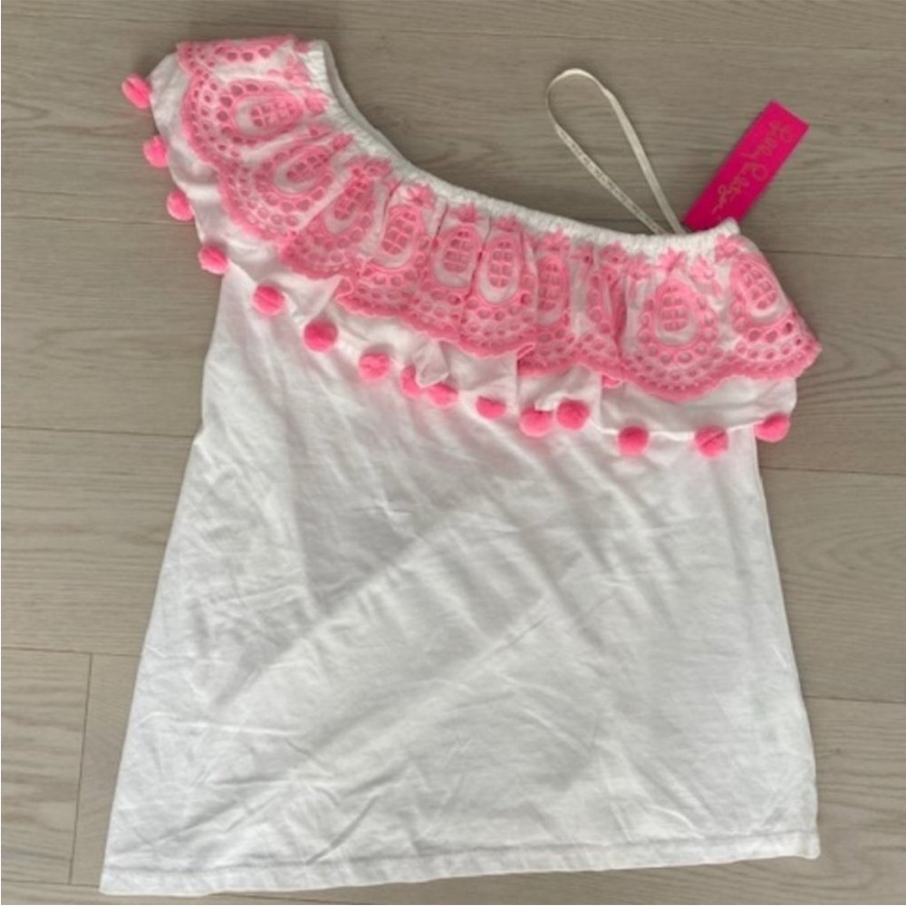 Lilly Pulitzer Idara One-Shoulder Blouse Top Pom Pom Embroidered Medium